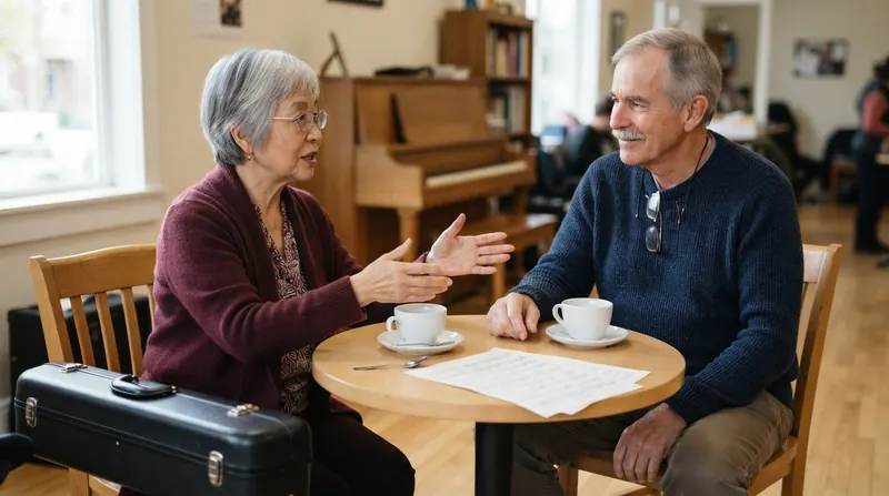 An older Asian American woman with silver hair and an older man with a gray mustache talking over coffee at a table in a bright community center, a viola case on a chair beside them