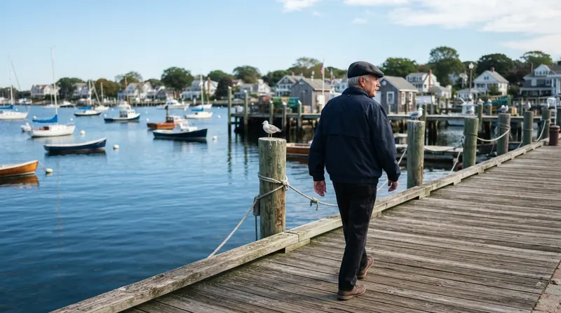 A man about seventy walking along a wooden boardwalk by a quiet harbor on Long Island in morning light, sailboats moored on calm water