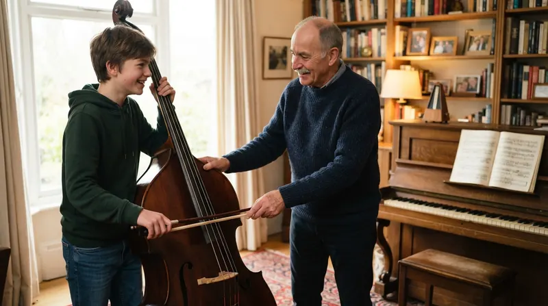 A man about seventy teaching a teenage boy to hold a double bass bow in a sunlit living room beside an upright piano