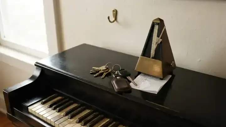 A ring of house and car keys lying on top of an upright piano beside a brass metronome and a folded paper list, morning light