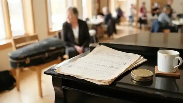 A folded sheet of handwritten music manuscript paper resting on a closed piano lid beside a cup of coffee and a violin rosin tin
