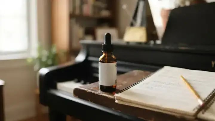 A small amber glass bottle with a black rubber bulb top standing on a piano music stand beside an open manuscript notebook and a pencil