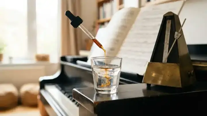 Amber liquid falling from a small glass bulb into a juice glass of water beside a ticking brass metronome on a piano, faint color swirling