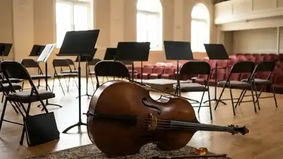 A double bass lying on its side on an empty concert stage among music stands and folding chairs, a bow and a block of rosin on the floor beside it