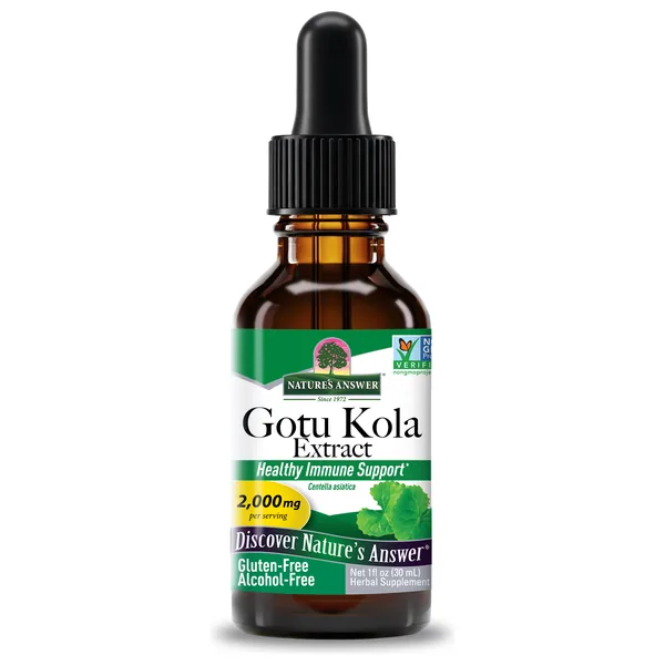 The Nature's Answer Gotu Kola Extract alcohol-free one-ounce amber bottle with its green and white label